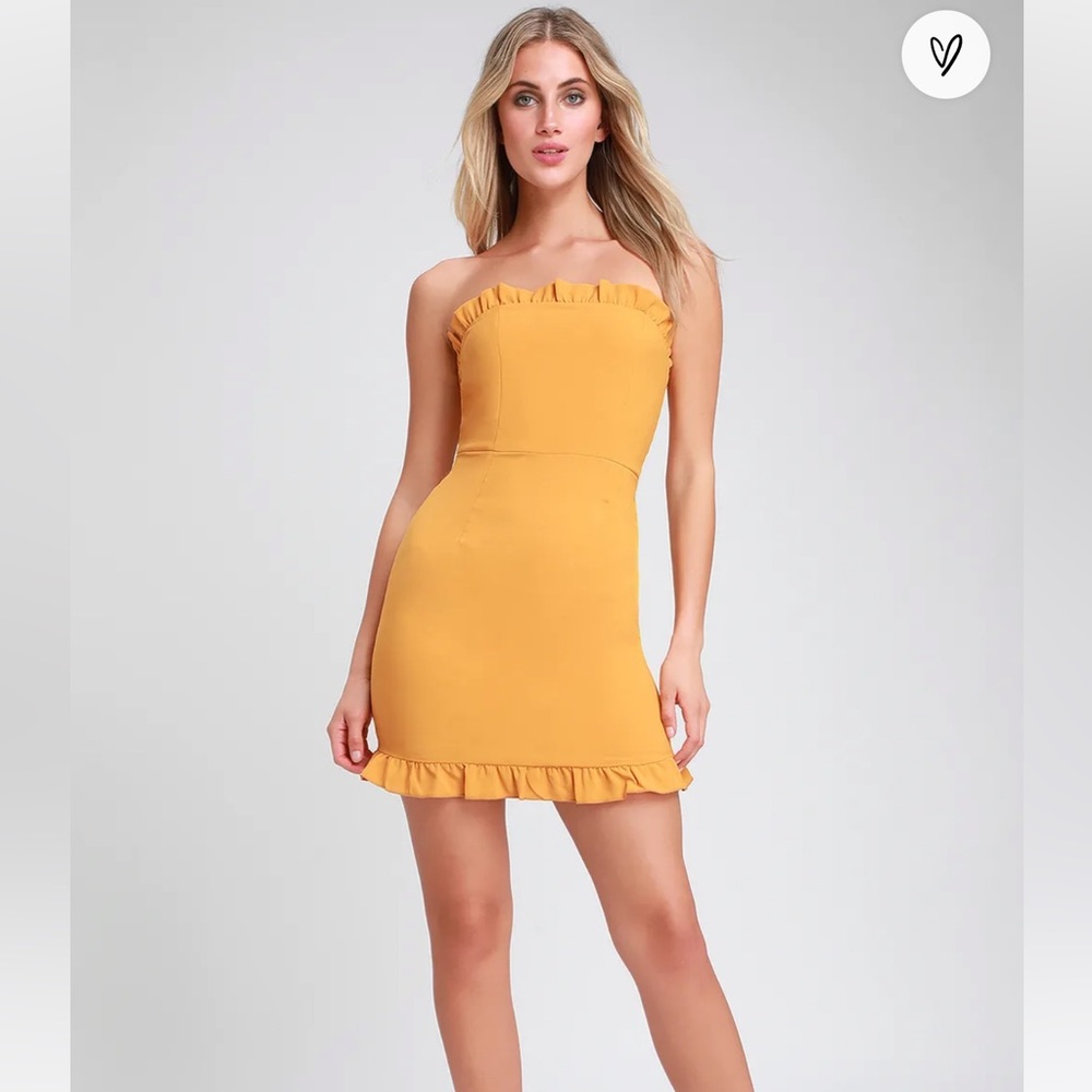 Lulus Golden Yellow Strapless Ruffled Bodycon Dress